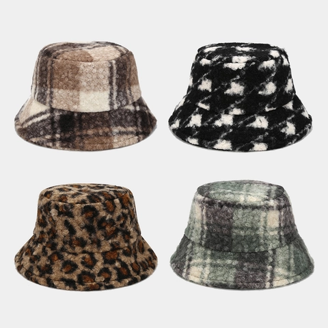 Καπέλο Bucket Από Sherpa Fleece Χειμερινό Ζεστό Αντιανεμικό Vintage Καρό Λεοπάρ Teddy Βελούδινο Γυναικείο