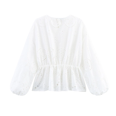 Women White Eyelet Embroidery Blouse French Style Hollow Out Lantern Sleeve Drawstring Waist Long Sleeve Elegant Top