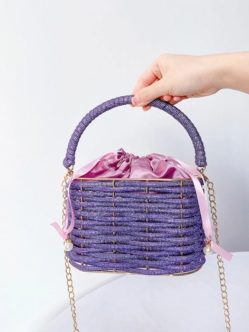Sac De Soirée De Luxe Pour Femmes Avec Strass Perles Style Seau Pochette En Satin À Cordon Sac À Main De Fête Chaîne