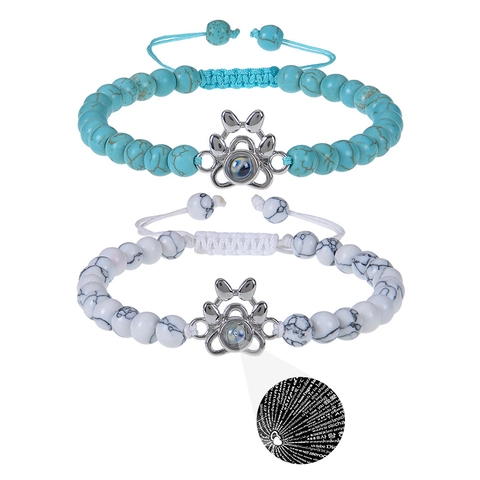 Bracelet Perle Pierre Projection Patte Chien Avec Pierre Naturelle De Lave Corde Tressée Ajustable Cadeau Couple