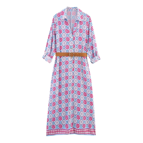 Robe Chemise Imprimée Florale Géométrique Col V Taille Haute Manches Longues Ceinturée Longue Style Commuter Élégant Femmes