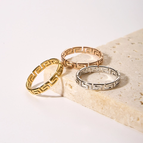 Stainless Steel Ring 18K Gold Plated Greek Key Meander Hollow Out Minimalist Geometric Band Jewelry For Women Men