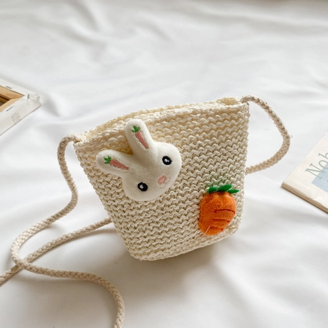 Kids Woven Straw Shoulder Bag Cute Cartoon Plush Bunny Cat Flower Crossbody Bucket Bag For Girls Seaside Beach Vacation