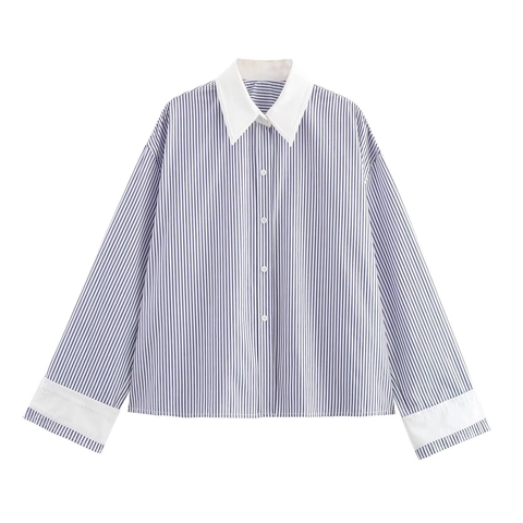 Camicetta A Righe Donna Manica Lunga Colletto E Polsini Bianchi A Contrasto Stile Preppy Camicia Casual