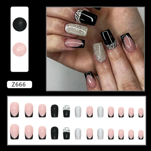 Black French Press On Nails Silver Glitter Rhinestones Square Medium Artificial Nails For Women Luxury Style