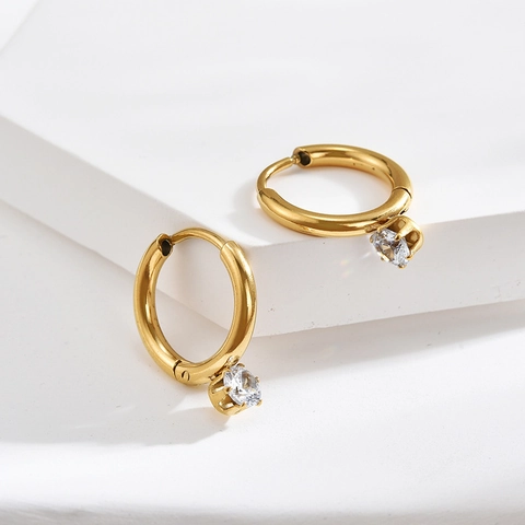 Mini Créoles Avec Pendentif En Zircon Acier Inoxydable Plaqué Or Bijoux Minimalistes Pour Femmes