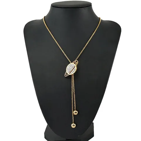 Long Sweater Chain Necklace Planet Saturn Moon Star Pendant Zircon Rhinestone Tassel Gold Plated Titanium Steel Jewelry For Women