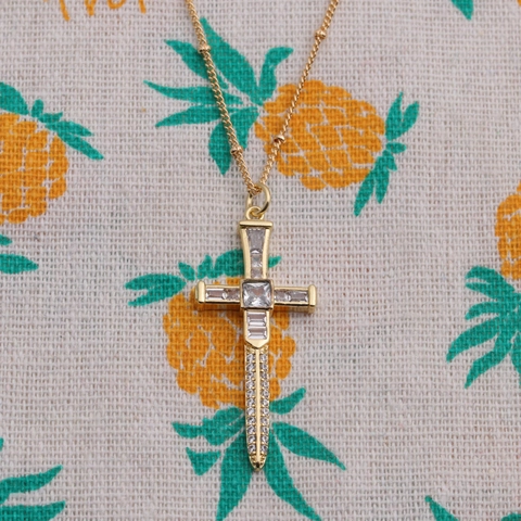 Cross Pendant Necklace Copper Cubic Zirconia Sparkling Gold Plated Bead Chain Jewelry For Women