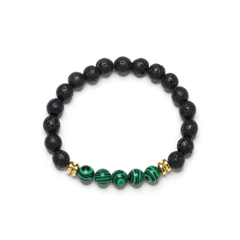 Men Beaded Bracelet Natural Black Lava Rock Colored Stone Elastic Strand Handmade Ethnic Style Jewelry