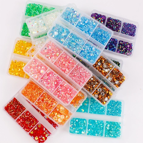 Resin Flatback Rhinestones Half Round Crystals Multi Colors Grids Organizer Box For Nail Art DIY Craft Phone Case Decor