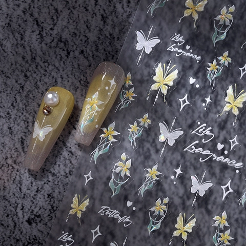 Adesivi Unghie 3D Farfalla Giglio Floreale Iridescente Aurora Laser Bronzatura Adesivi Decorazione Manicure DIY