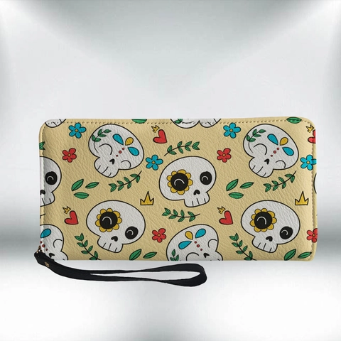 Damen Lange Geldbörse Mit Reißverschluss PU Leder Große Kapazität Clutch Mit Handschlaufe Halloween Totenkopf Gothic