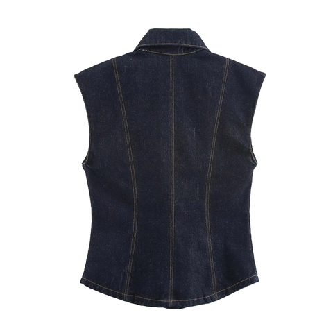 Women Denim Vest And Wide Leg Pants Set Cotton Blend Sleeveless Lapel Top High Waisted Trousers Casual Chic Streetwear