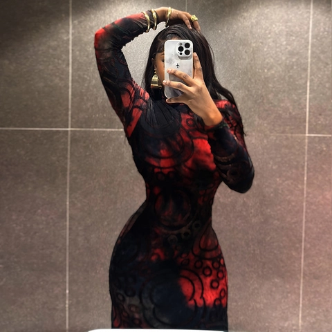 Abstrakt Bedrucktes Maxikleid Langarm Stehkragen Slim Fit Bodycon Sexy Eleganter Streetwear Für Damen Weicher Stretch