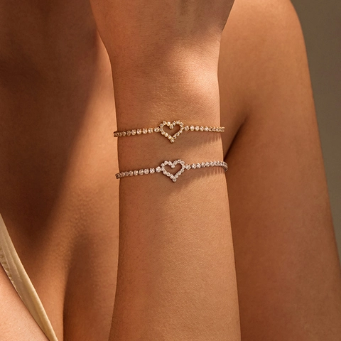 Ins Classic Heart Rhinestone Stainless Steel Tennis Bracelet For Women 18K Gold Plated Elegant Adjustable Link Jewelry Gift
