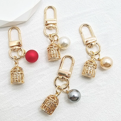 Korean Fashion Alloy Birdcage Artificial Pearl Keychain Exquisite Metal Pendant Bag Charm For Women Versatile Key Ring