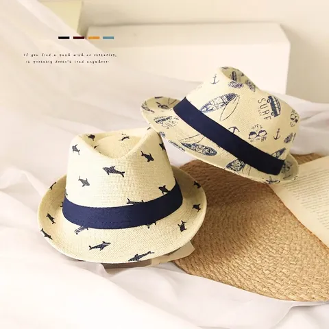 Kids Straw Fedora Hat Breathable Sun Protection Jazz Hat Cartoon Shark Surf Print Boys Girls Summer Beach Accessory