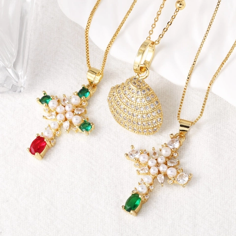 Collar De Cobre Chapado En Oro Para Mujer Colgante De Cruz De Concha Vintage Con Circón Perla Artificial Cadena Elegante
