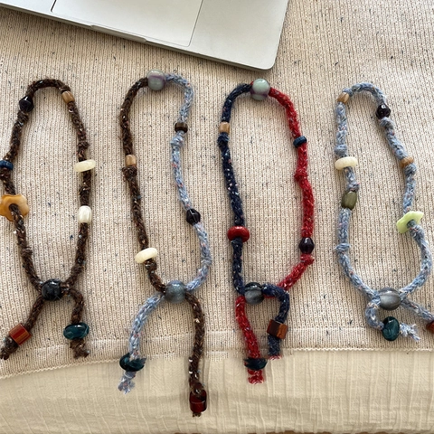 Boho Vintage Gewebte Baumwollseil Halskette Harz Perlen Verstellbare Lange Pulloverkette Für Frauen Ethnisch Handgefertigt