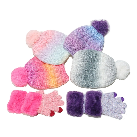 Cappello E Guanti In Maglia Invernale Per Bambini Ombre Tie Dye Trecce Con Pompon In Pelliccia Sintetica Caldo Touchscreen