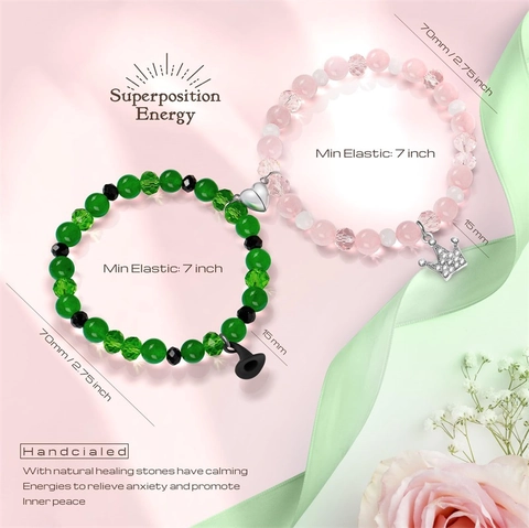 Magnetic Heart Couple Bracelets Green Agate Pink Crystal Beaded Jewelry With Wizard Hat And Crown Charm Friendship
