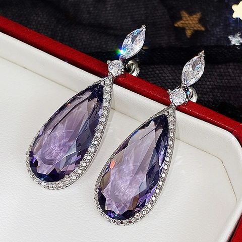 Violette Wassertropfen Hängeohrringe Kupfer Zirkonia Glas Marquise Schliff Elegant Bankett Hochzeit Mode Schmuck Für Damen