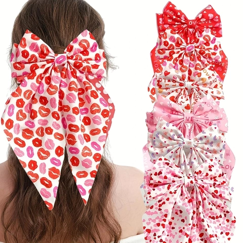 Grote Haarstrik Met Lang Lint Hart Lip Print Stof Valentijnsdag Zoete Romantische Haaraccessoire Voor Dames
