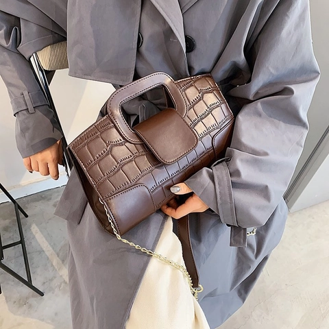 Retro Crocodile Pattern PU Leather Shoulder Bag With Metal Chain Small Square Crossbody Handbag For Women