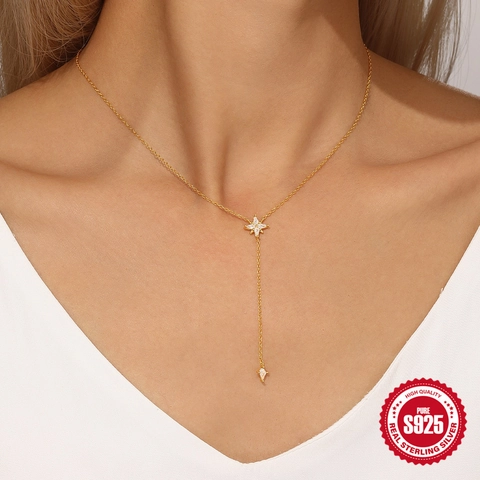 Collana a Y in Argento Sterling 925 con Stella a Otto Punte Placcata Oro Zirconia Pendente Girocollo per Donna Gioielli
