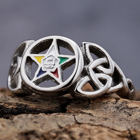 Anello Vintage In Acciaio Inossidabile Da Uomo Simbolo Order Of The Eastern Star Pentagramma Smalto Cinque Colori Nodo Celtico