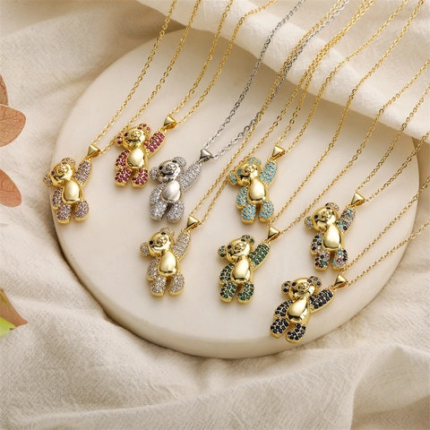 Cute Bear Pendant Necklace Copper Gold Plated With Colorful Zircon Micro Pave Luxury Clavicle Chain For Women