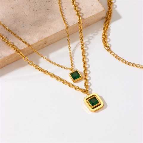 Retro Stainless Steel Double Layered Necklace With Square Green Rhinestone Pendants Gold Plated Chain For Women Jewelry