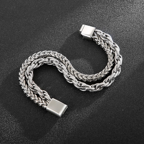 Men Double Layer Woven Dragon Bone Chain Bracelet Titanium Steel Braided Wheat Link Punk Hip Hop Jewelry Silver