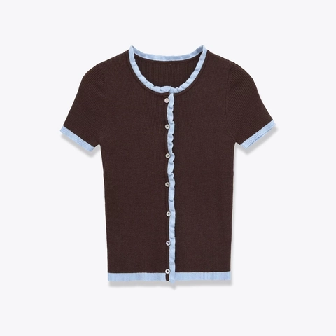 Cardigan In Maglia Donna Manica Corta Poliestere Contrasto Bordo Volant Bottoni Costine Slim Fit Dolce