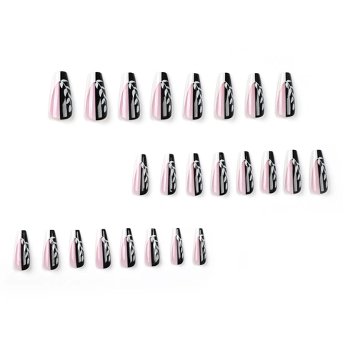 Uñas Postizas Press On Ataúd Francés Larga Bailarina Uñas Artificiales Brillante Negro Blanco Rosa Patrón Hoja Plástico Manicura Mujer