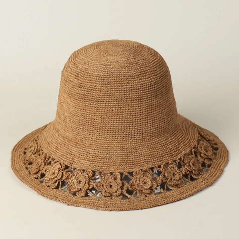 Handmade Raffia Straw Sun Hat For Women With Crochet Flower Hollow Edge Wide Brim Foldable Breathable Summer Beach Travel
