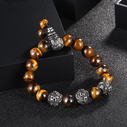 Men Vintage Beaded Bracelet Natural Tiger Eye Lava Rock Stainless Steel Mantra Charm Religious Ethnic Style Jewelry
