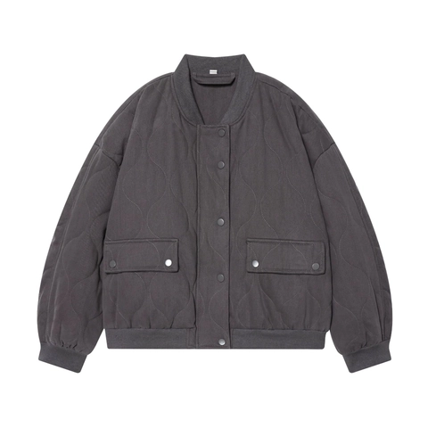 Damen Gesteppte Bomberjacke Rippstrickbündchen Druckknöpfe Baumwolle Polyester Grau Lässig Vintage Oberbekleidung Mantel