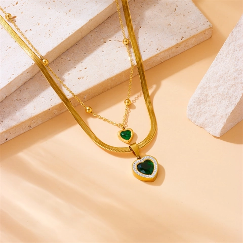 Collana In Acciaio Inossidabile Placcato Oro Per Donna Vintage Smeraldo Ciondolo A Cuore Catena A Serpente Gioielli Di Moda