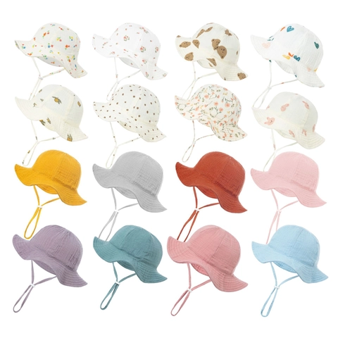 Baby Infant Sun Hat Bucket Hat Breathable Cotton Gauze Fisherman Cap With Adjustable Windproof Rope For Boys Girls Summer Sun Protection Floral Bear Print