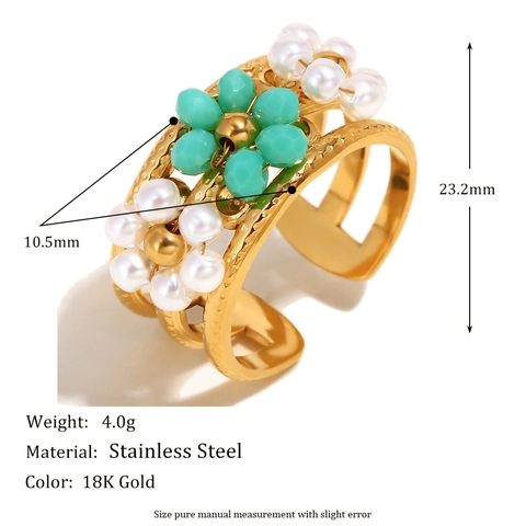 Bohemian Flower Open Ring Stainless Steel 18K Gold Plated Handmade Beaded Adjustable Multi Layer Band Jewelry For Women