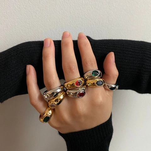 Anillo Abierto Ajustable de Cobre Vintage Chapado en Oro Plata Circonia Retro Geométrico Incrustado con Circonia de Colores Joyería Mujer