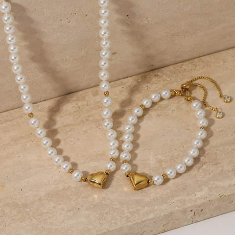 Collana E Bracciale Con Ciondolo A Cuore Gioielli Acciaio Inossidabile Perla Artificial Regolabile Elegante Regalo Per Donne Moda