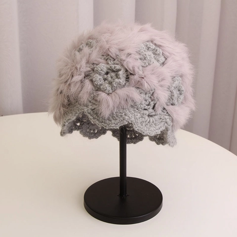 Women Warm Winter Beanie Hat Handmade Crochet Rabbit Fur Blend Knitted Wool Hollow Flower Skull Cap Korean Style