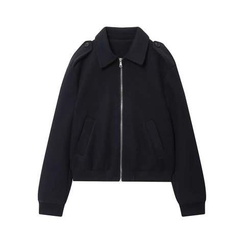 Chaqueta Con Cremallera Para Mujer Tejido De Lana Cuello De Solapa Charreteras Ribete Acanalado Color Sólido Casual