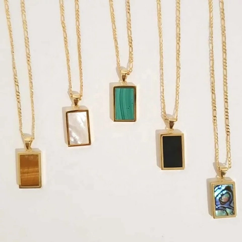 Edelstahl Rechteck Anhänger Halskette Für Damen Gold Galvanisierte Muschel Malachit Einlage Geometrischer Minimalistischer Schmuck