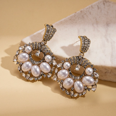 Vintage Artificial Baroque Pearl Rhinestone Drop Earrings Geometric Hollow Palace Style For Women With Silver Earring Post