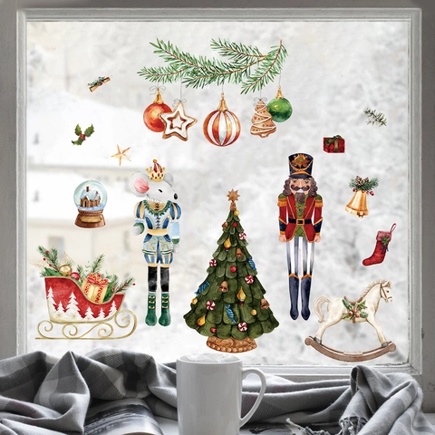 Christmas Window Stickers Watercolor Nutcracker Soldier Snowman Static Clings PVC Holiday Glass Home Decor