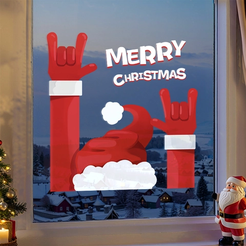 Christmas Window Stickers Static Cling PVC Reversible Merry Christmas Santa Hat Hand Gesture Shop Glass Holiday Decor