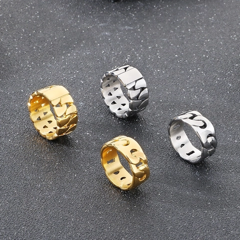 Anillo De Cadena Cubana Para Hombre De Acero Inoxidable Chapado En Oro De 18K Estilo Punk Retro Joyería Minimalista